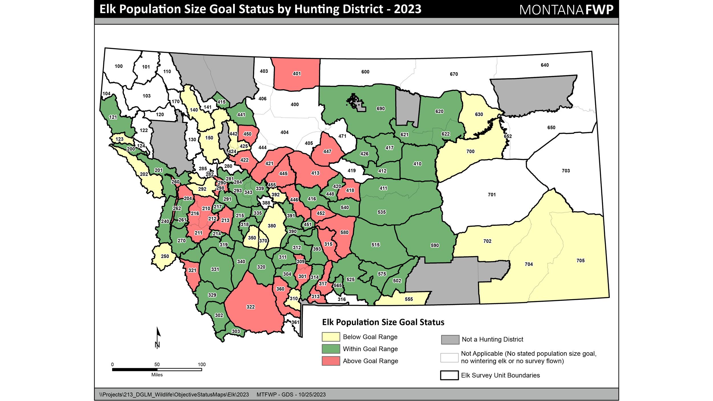 Montana elk population size goal status map by hunting district 2023