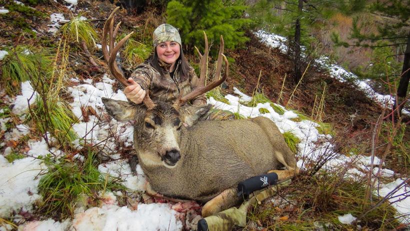 Stephanie Barnett with her Montana mule deer buck, angled view