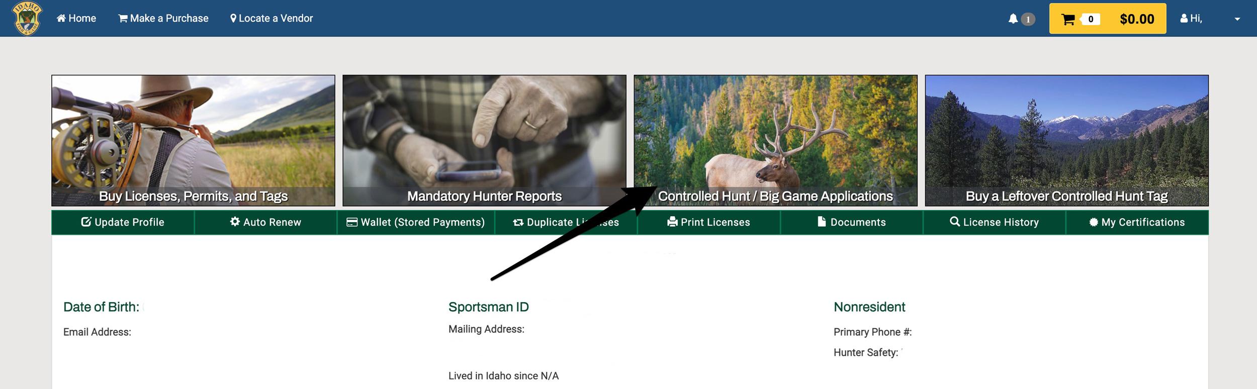 Screenshot showing Idaho Controlled Hunt drawing application section