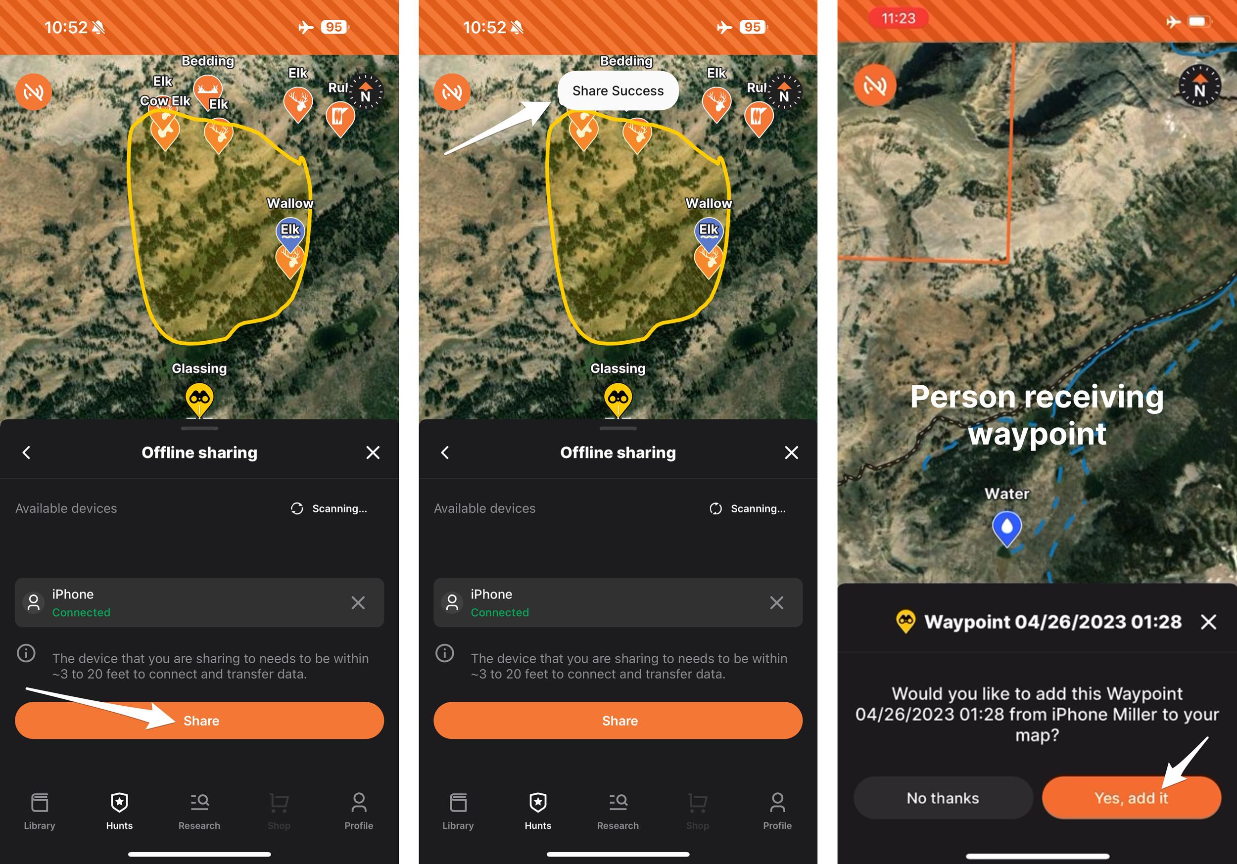 Final steps to share hunting waypoint offline with Bluetooth on GOHUNT Maps