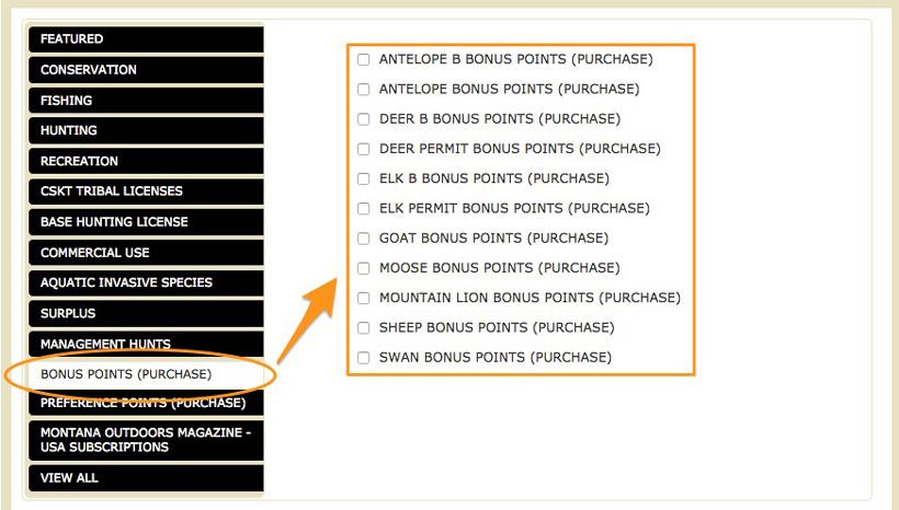 Screenshot of montana bonus points application page