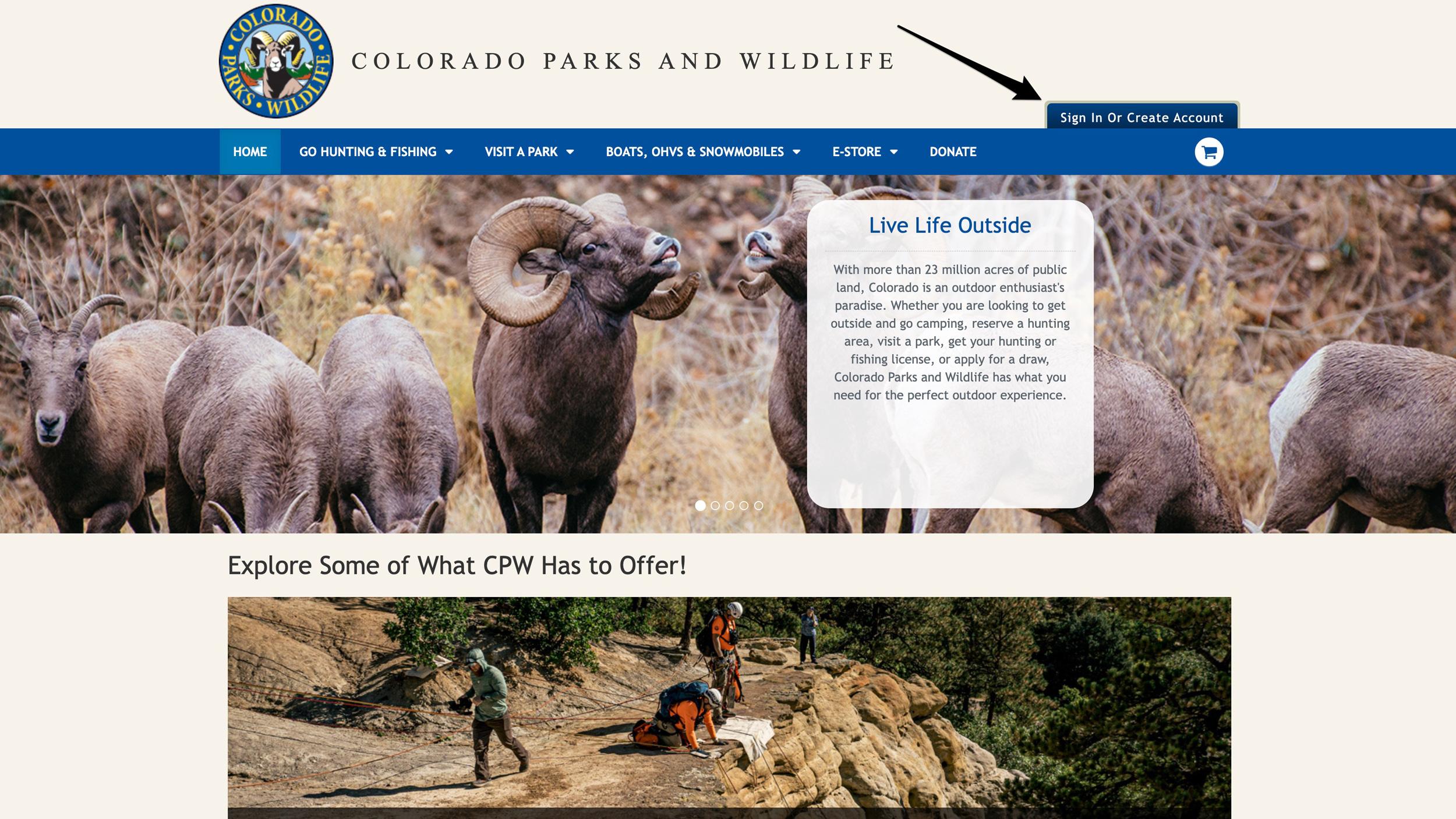 Colorado Parks and Wildlife shop homepage