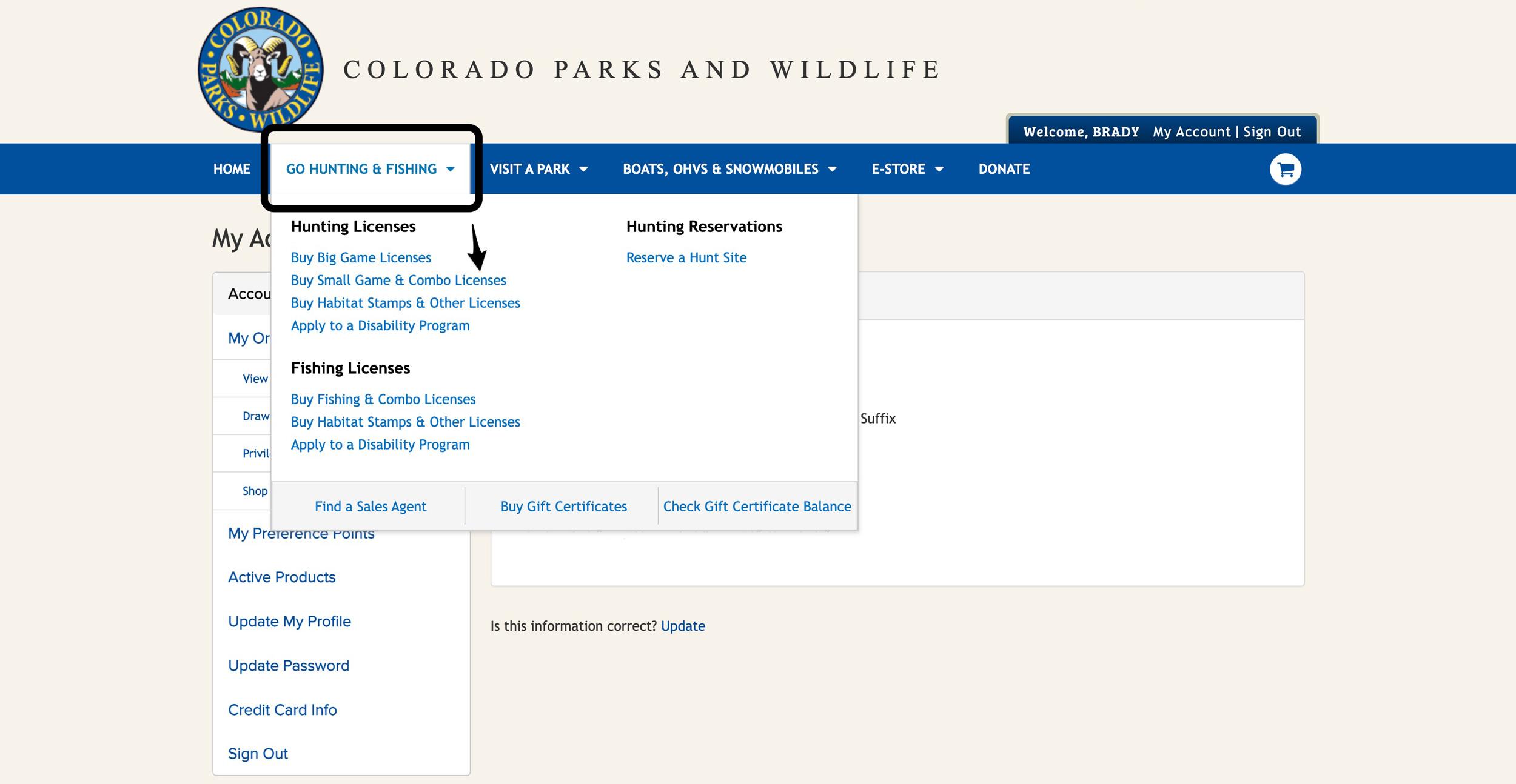 Buy small game and combo license section of Colorado shop