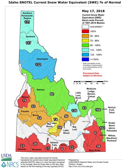 Idaho snow water equivalent as of mid may 2018