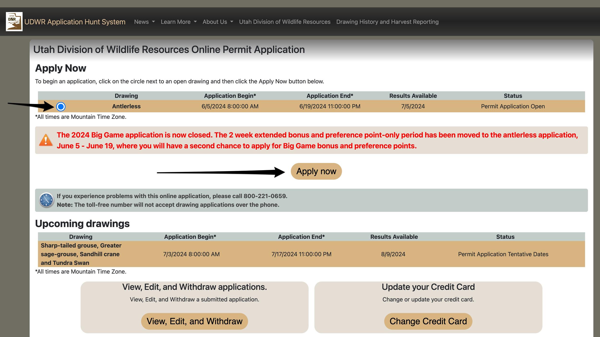 Utah online hunting permit application page for purchasing bonus and preference points