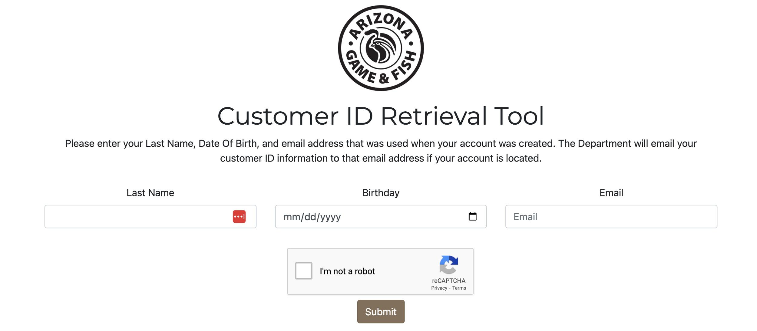 Customer ID retrieval tool to look up your Arizona account information
