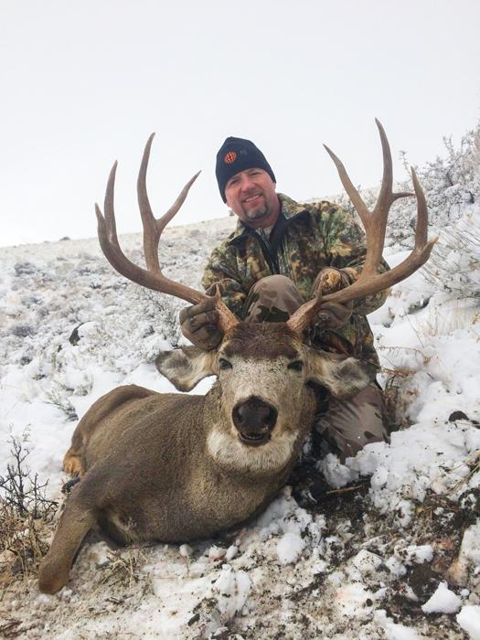 Nevada mule deer buck in snow with g and j outdoors