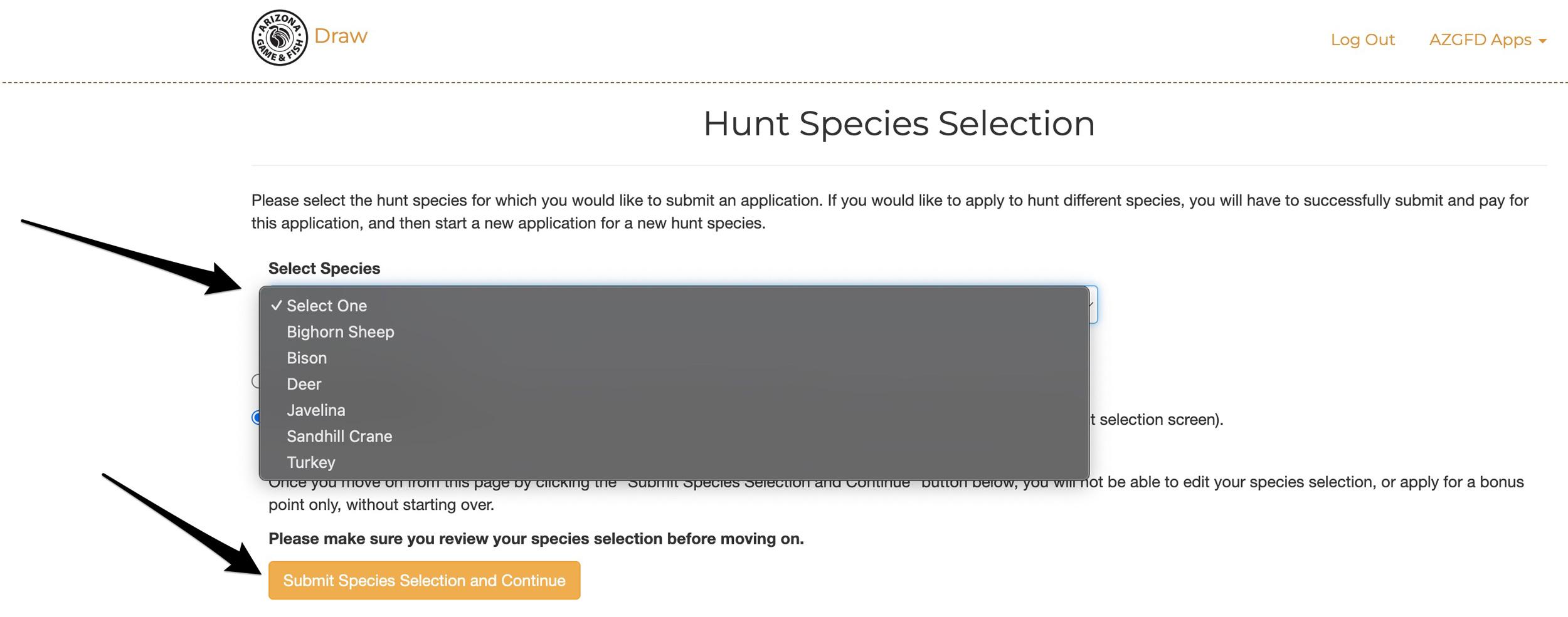 Selecting the species you want to purchase bonus points for in Arizona