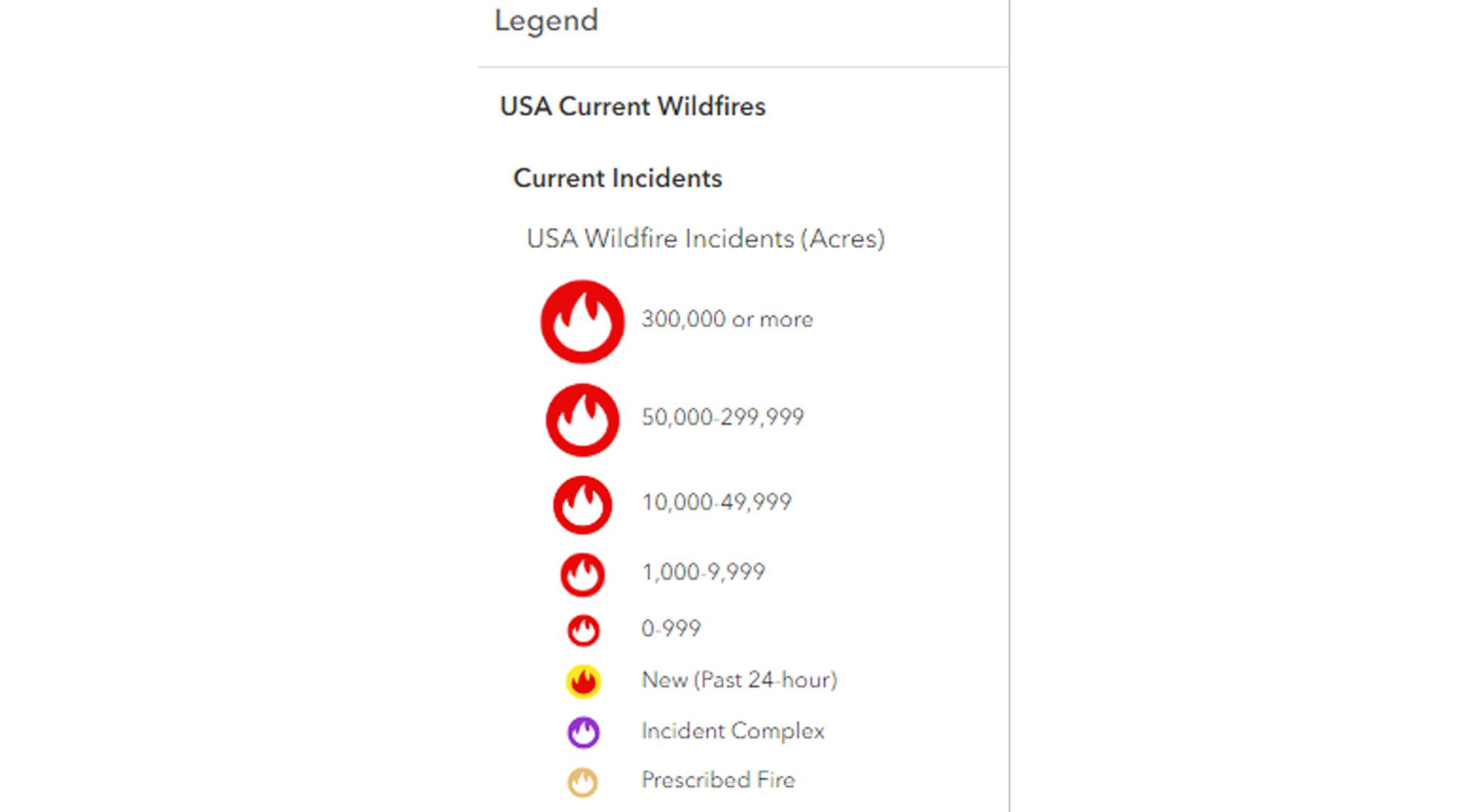 Wildfire incident icon definitions on GOHUNT Maps