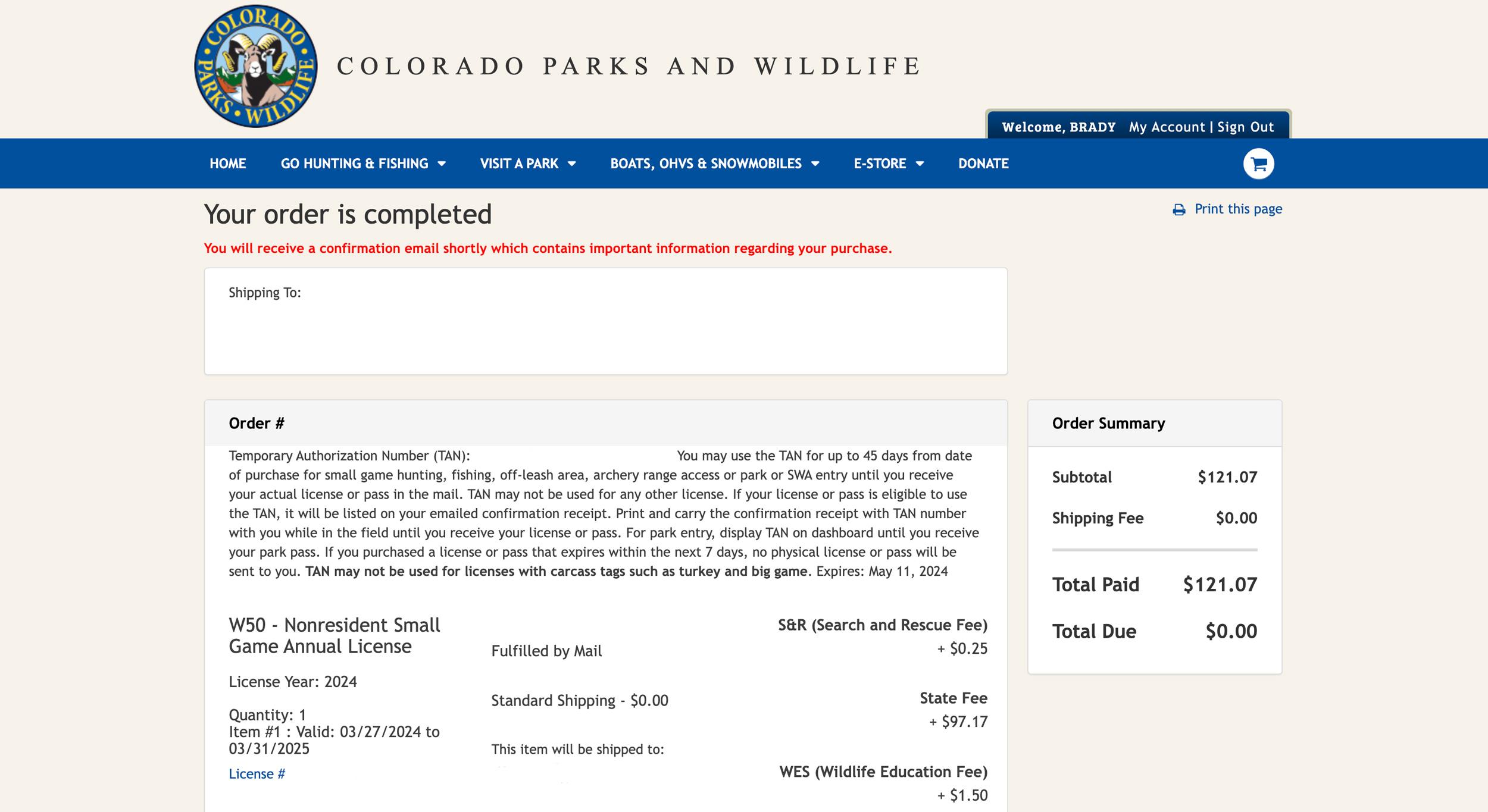 Colorado preference point purchase order confirmation page