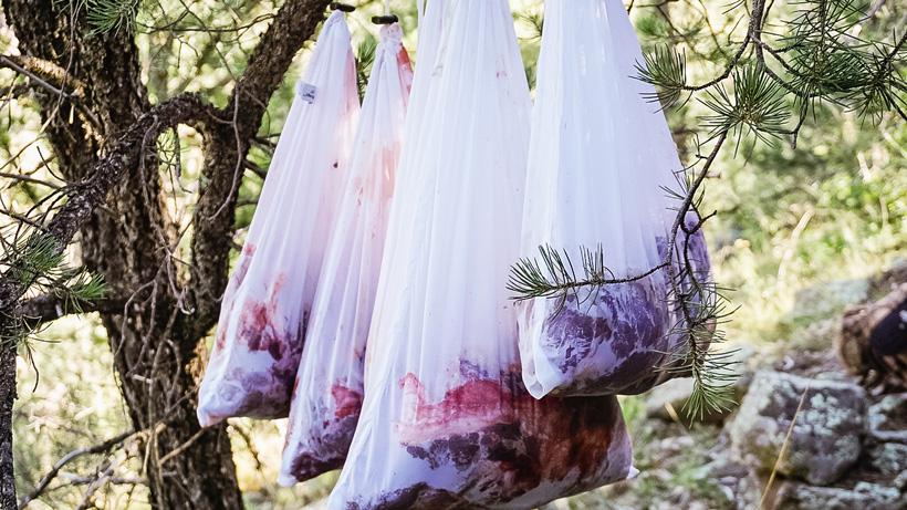 Meaty game bags hanging