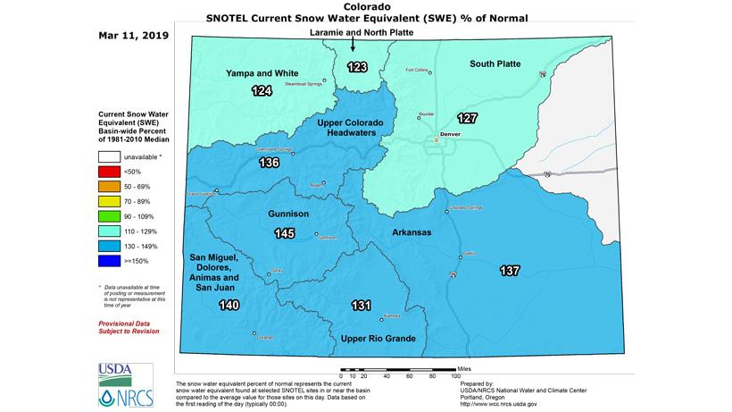 March 2019 colorado snow water equivalent percent of normal - v2