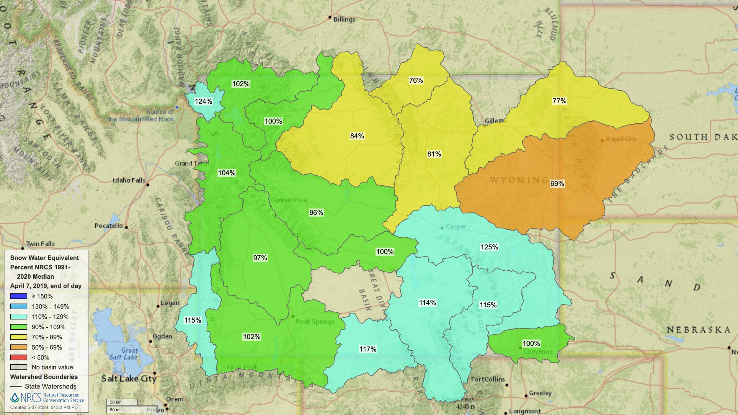 2019 Wyoming early April snow water equivalent map