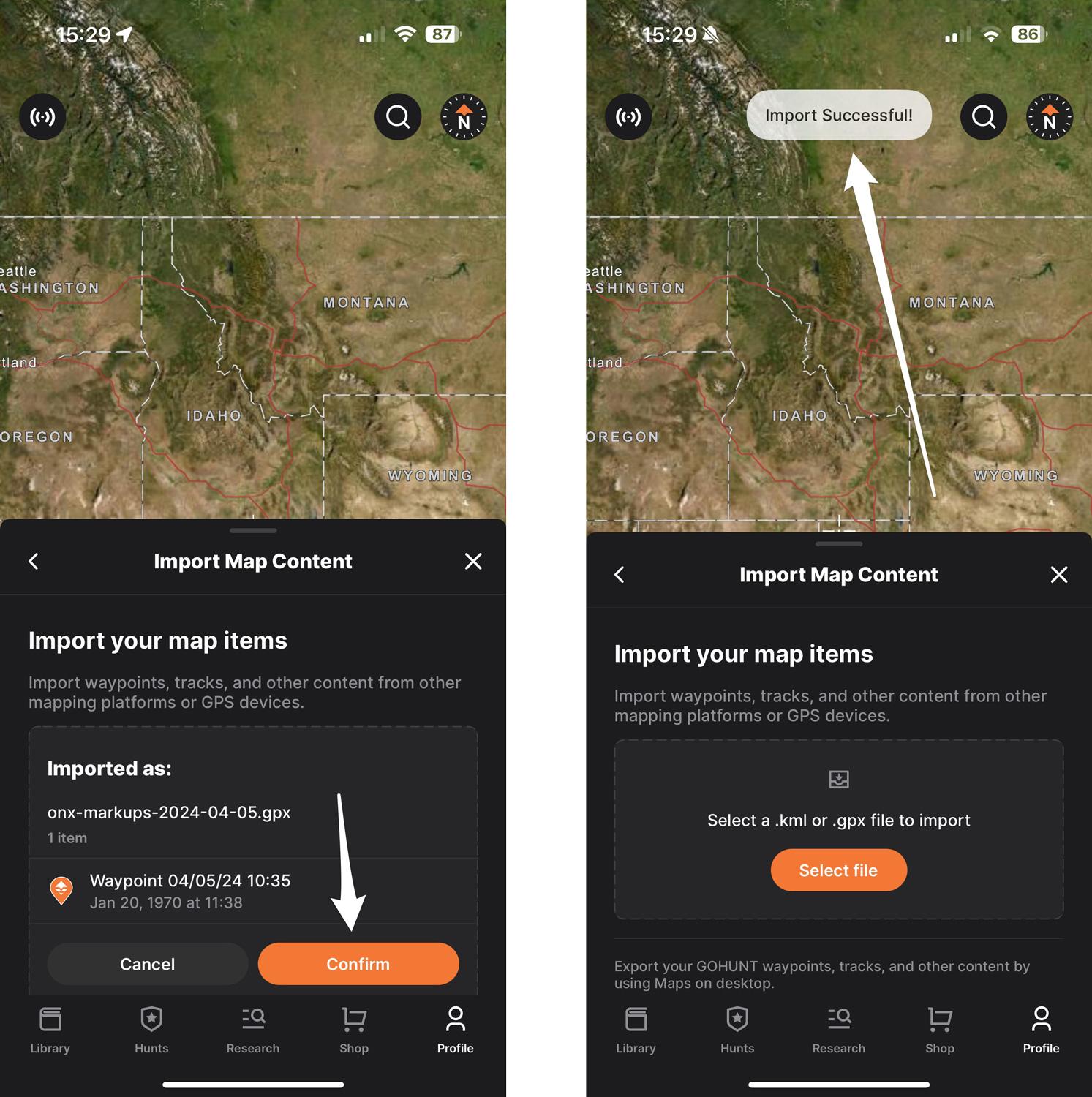 Final steps to import hunting waypoints using mobile app