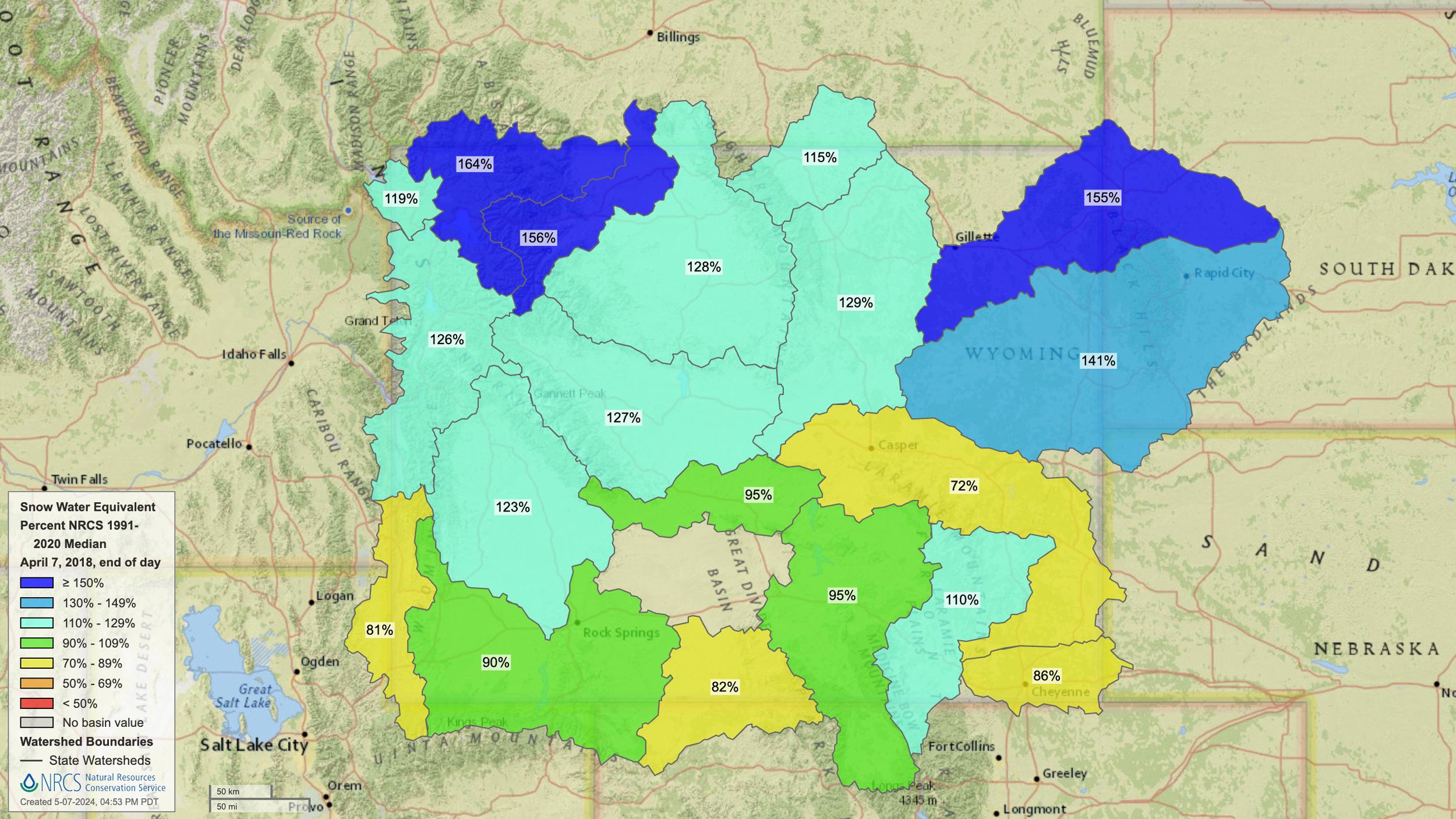 2018 Wyoming early April snow water equivalent map