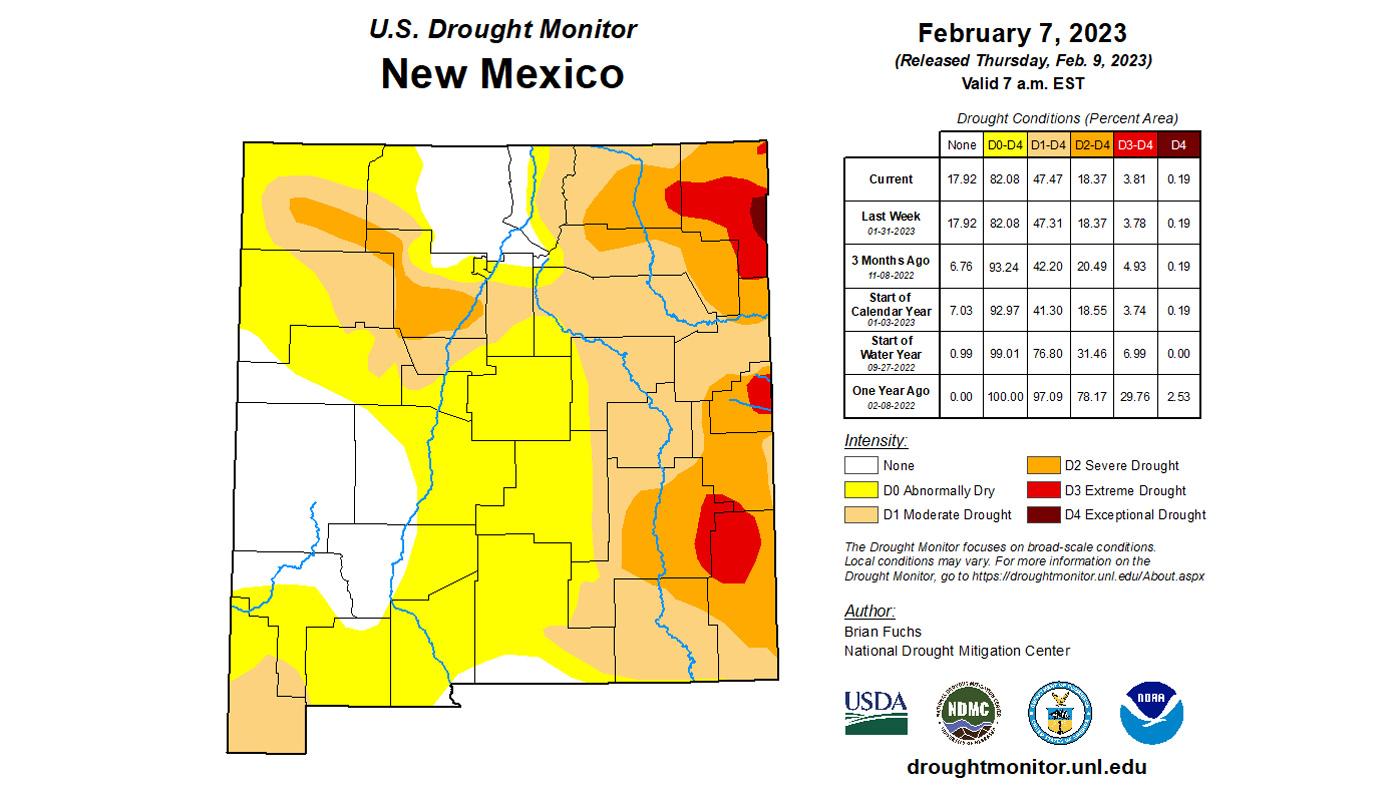 2023 New Mexico February statewide drought status map