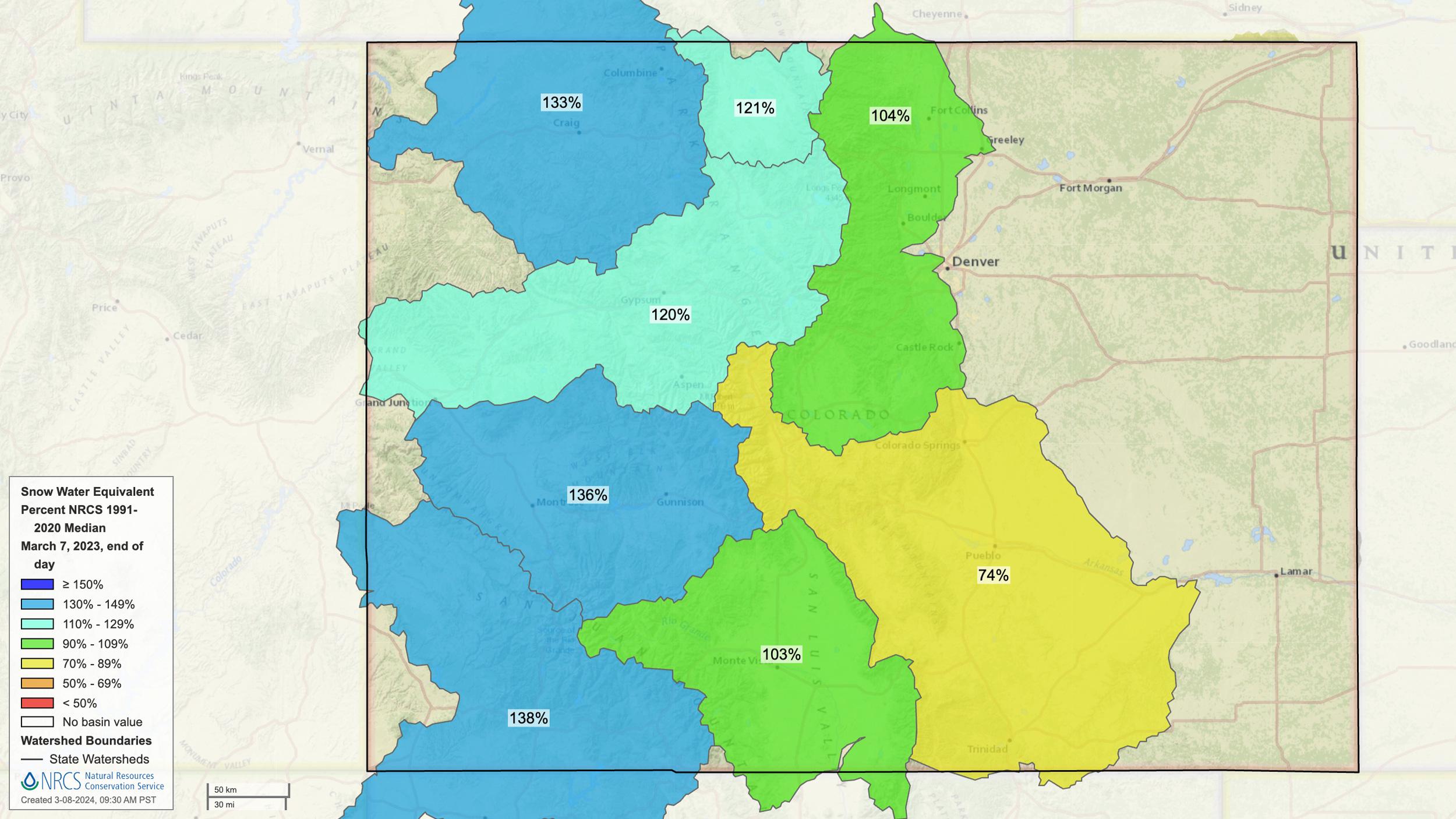 Colorado early March 2023 snow water equivalent map