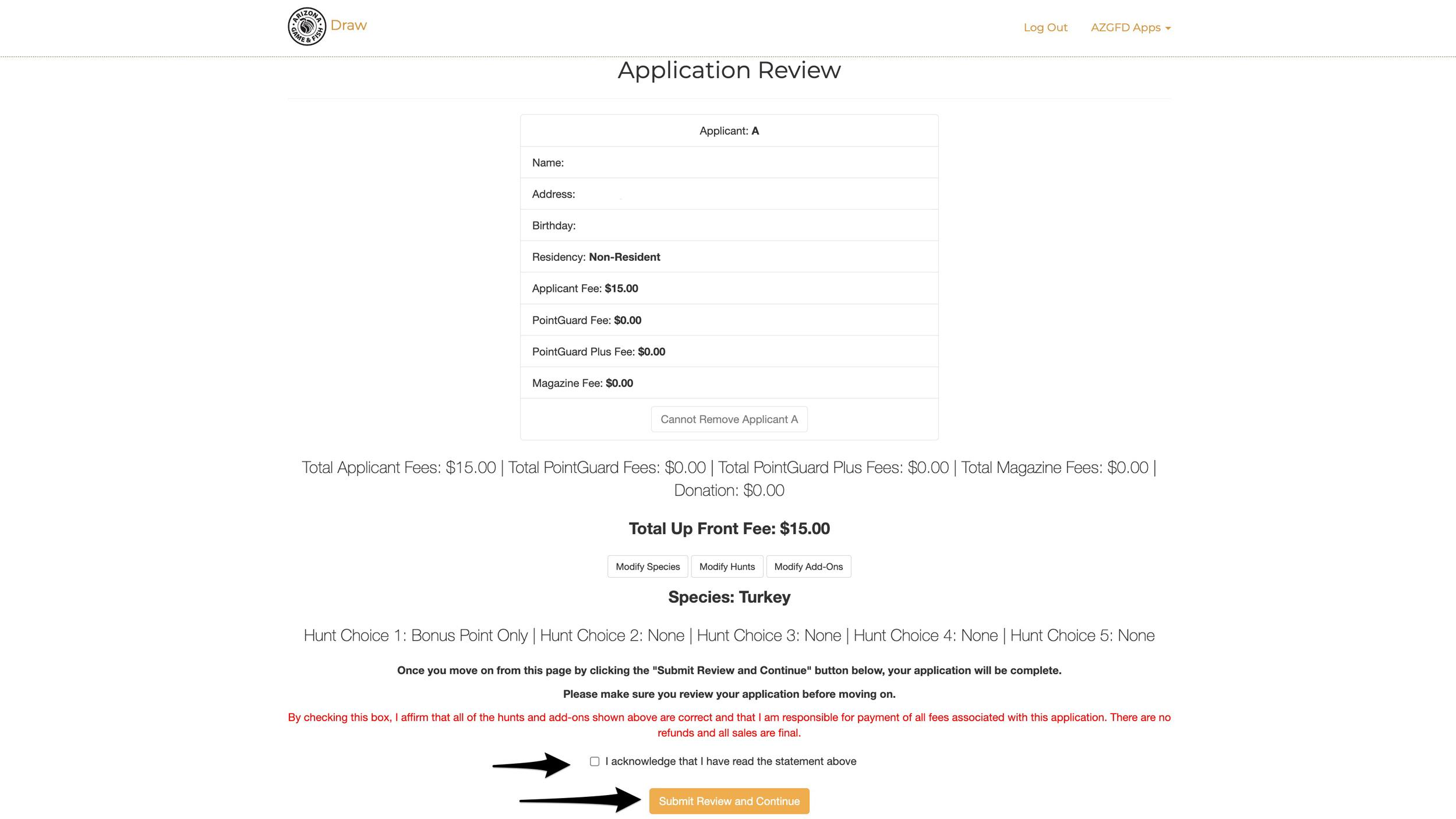 Arizona bonus point application review page