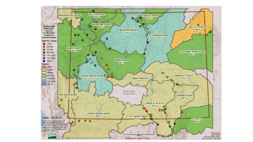 March 2015 snow water equivalent for wyoming