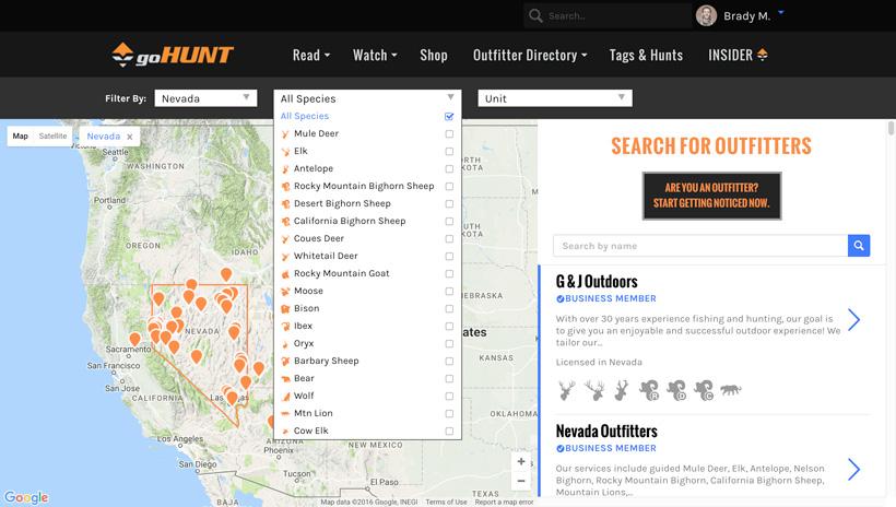 GOHUNT hunting outfitter directory filtering for outfitters by species