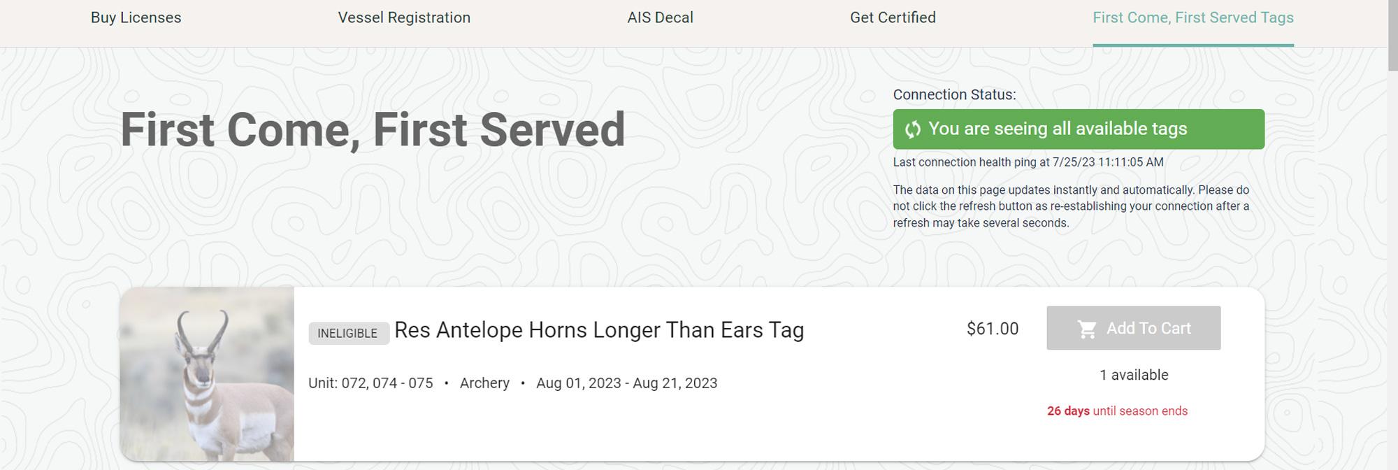Screenshot showing Nevada first come first served leftover hunting tag if on a waiting list