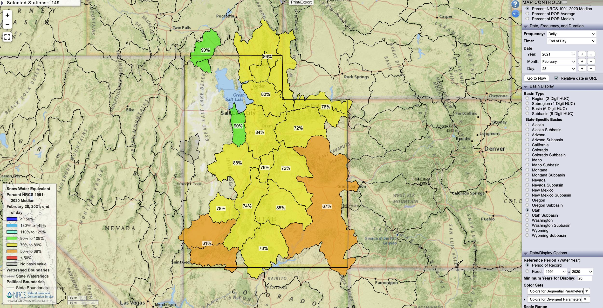 Utah February 28, 2021 snow water equivalent percent map