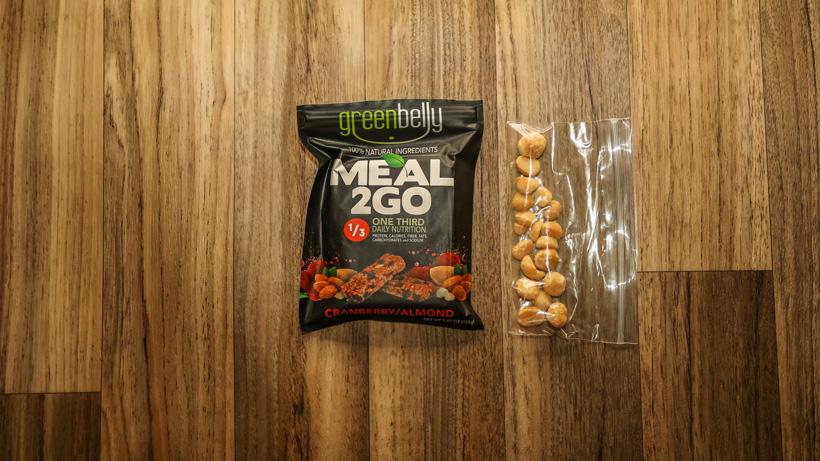 Greenbelly meal and macadamia nuts for backcountry dinner