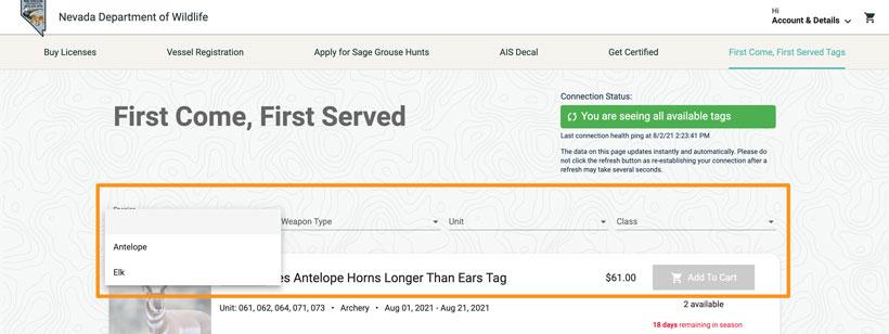 Filtering your Nevada first come, first served hunting tag list