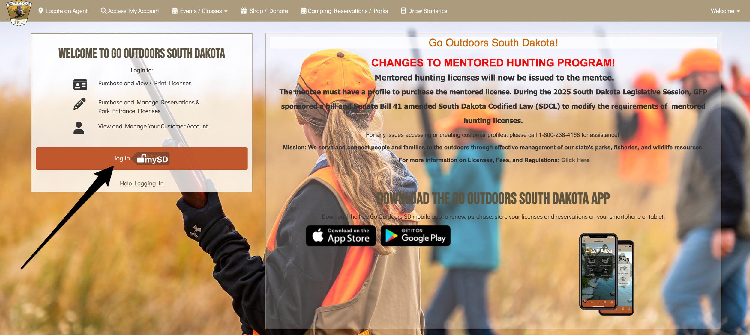 Login to Go Outdoors South Dakota licensing website