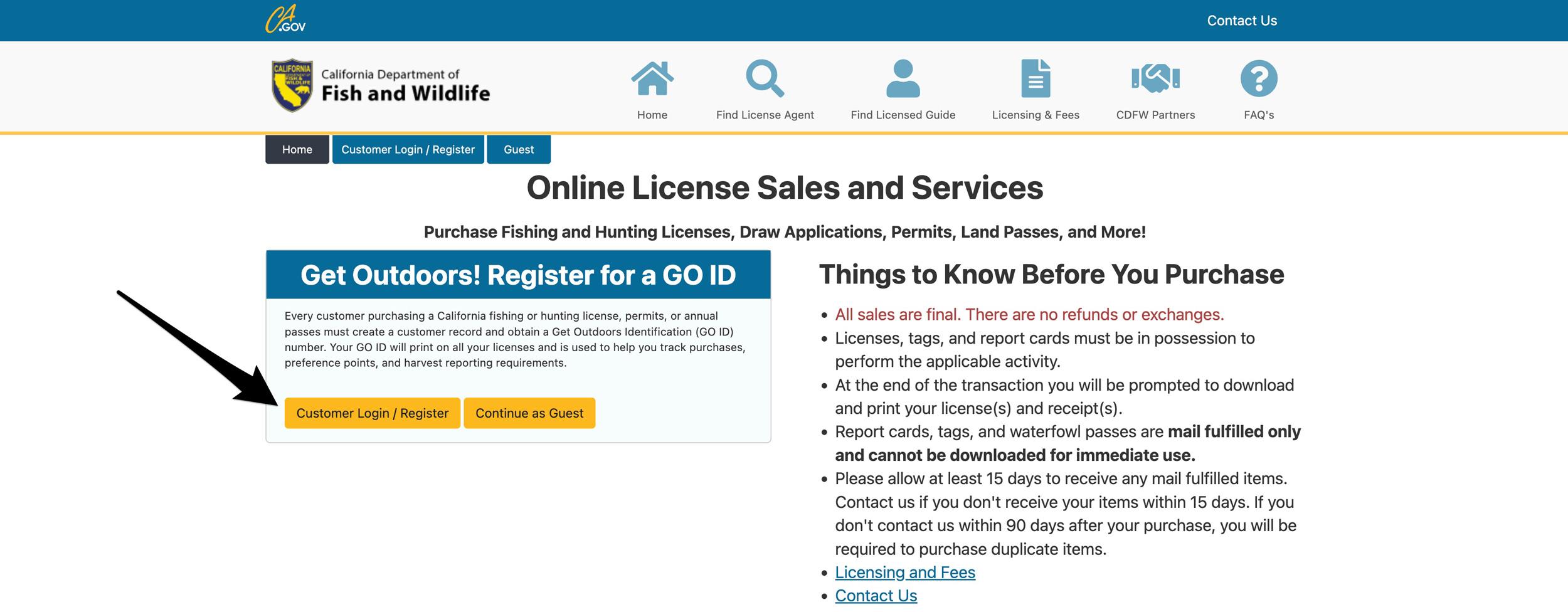 California online hunting license sales and services page