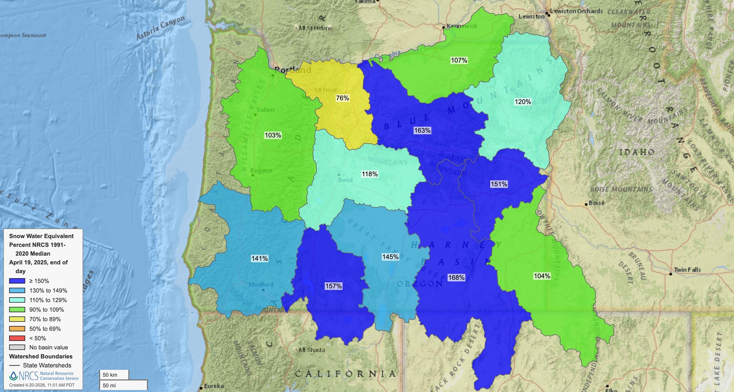 Oregon snow water equivalent map April 19, 2025