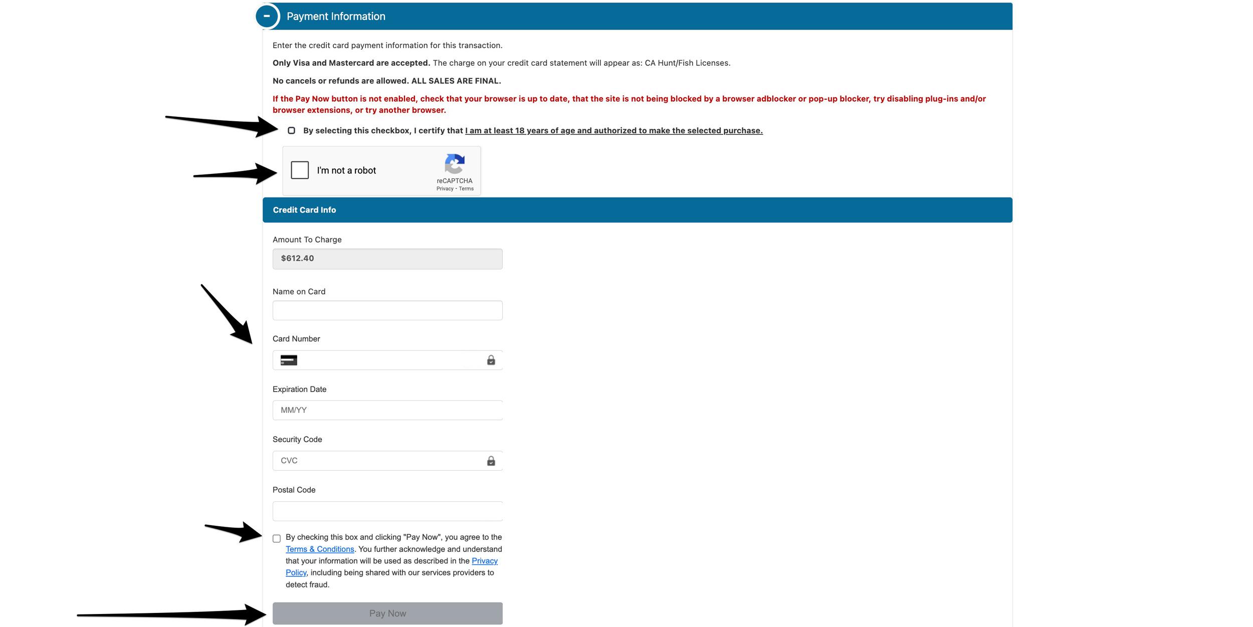 Entering credit card information to purchase California hunting preference points
