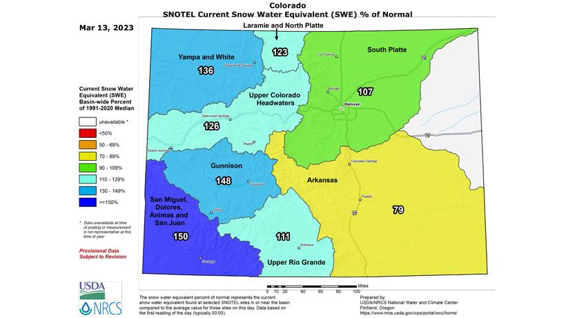 Colorado March 2023 snow water equivalent map