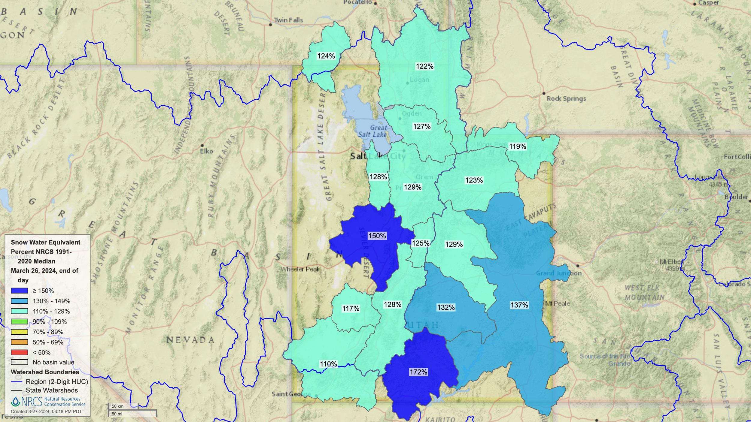 Utah 2024 mid March snow water equivalent percent of normal map