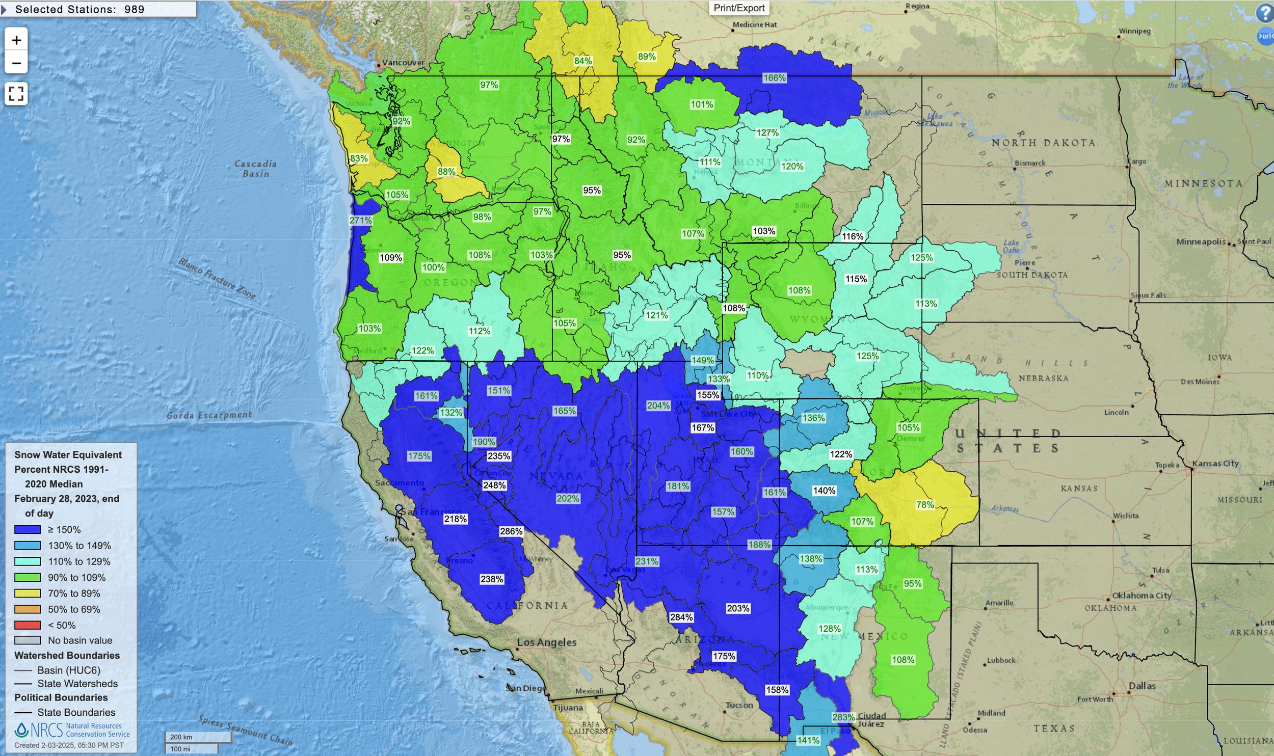 February 28, 2023 Western United States snow water equivalent percent map