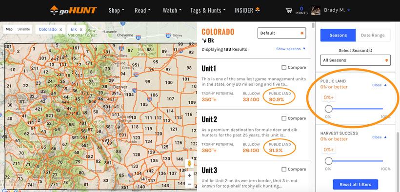 Filtering hunting units by public land percentage 2