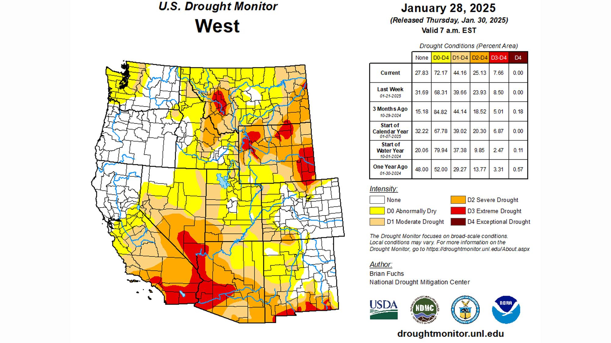 Western United States drought monitor status map late January 2025