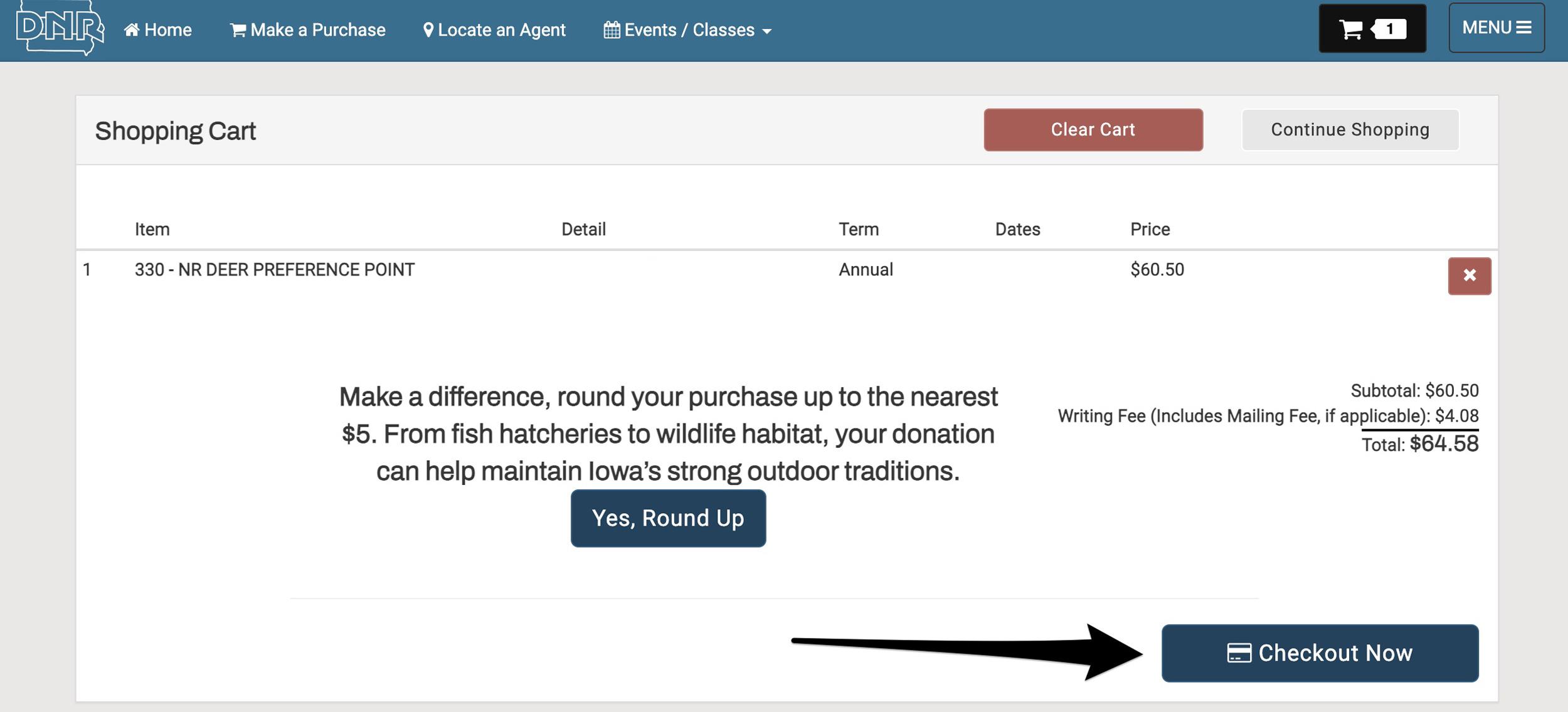 Reviewing your Iowa nonresident deer preference point purchase in shopping cart