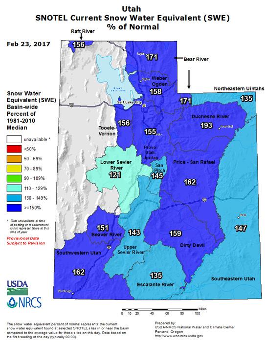 Utah snow water euivalent percent of normal feb 2017