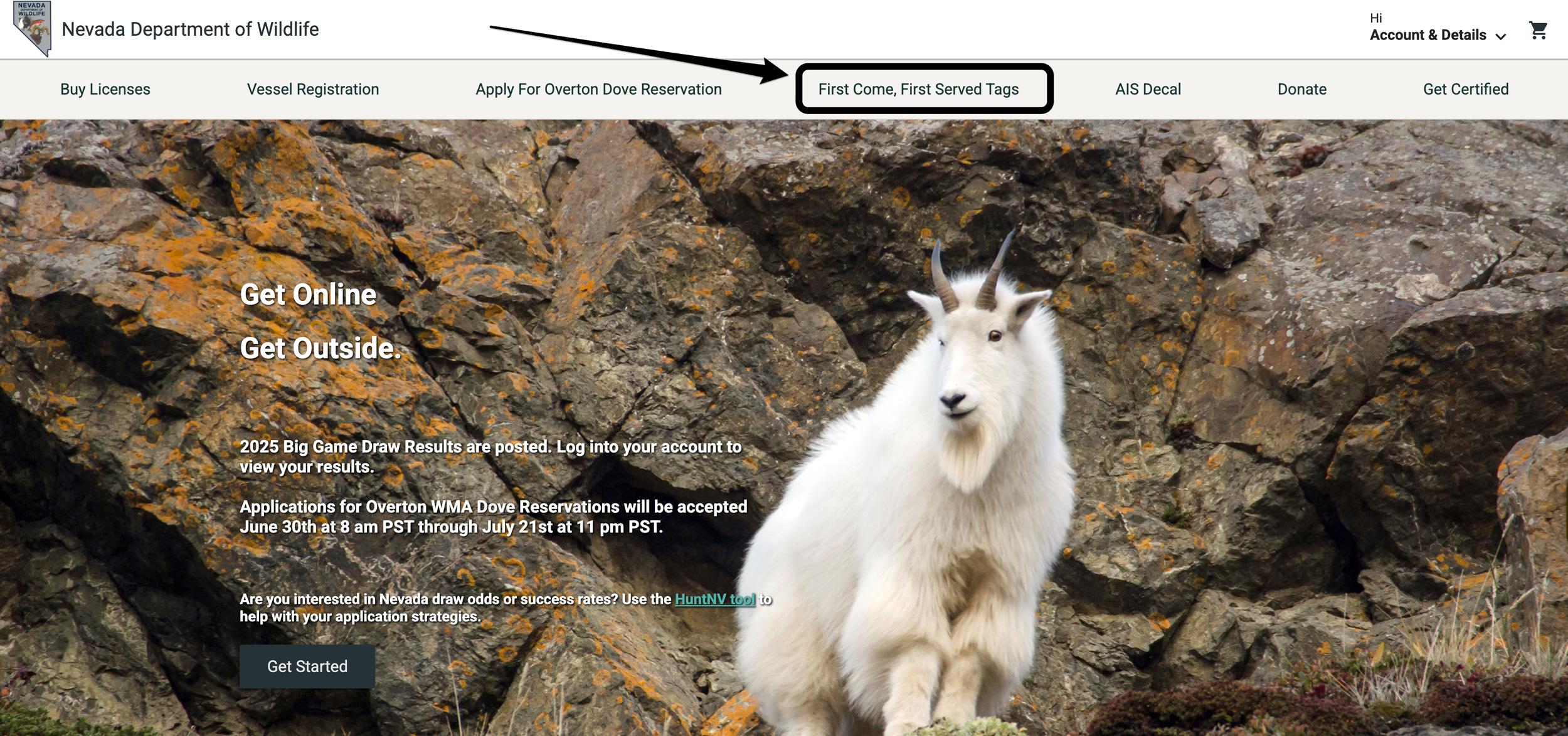 Nevada licensing screenshot showing NDOW first come first serve returned hunting tag list is live