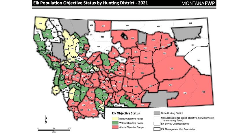 2021 Montana elk population objective status map by hunt district