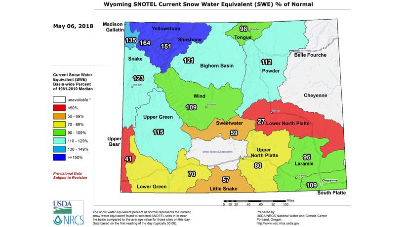 Wyoming snow water equivalent as of early may 2018