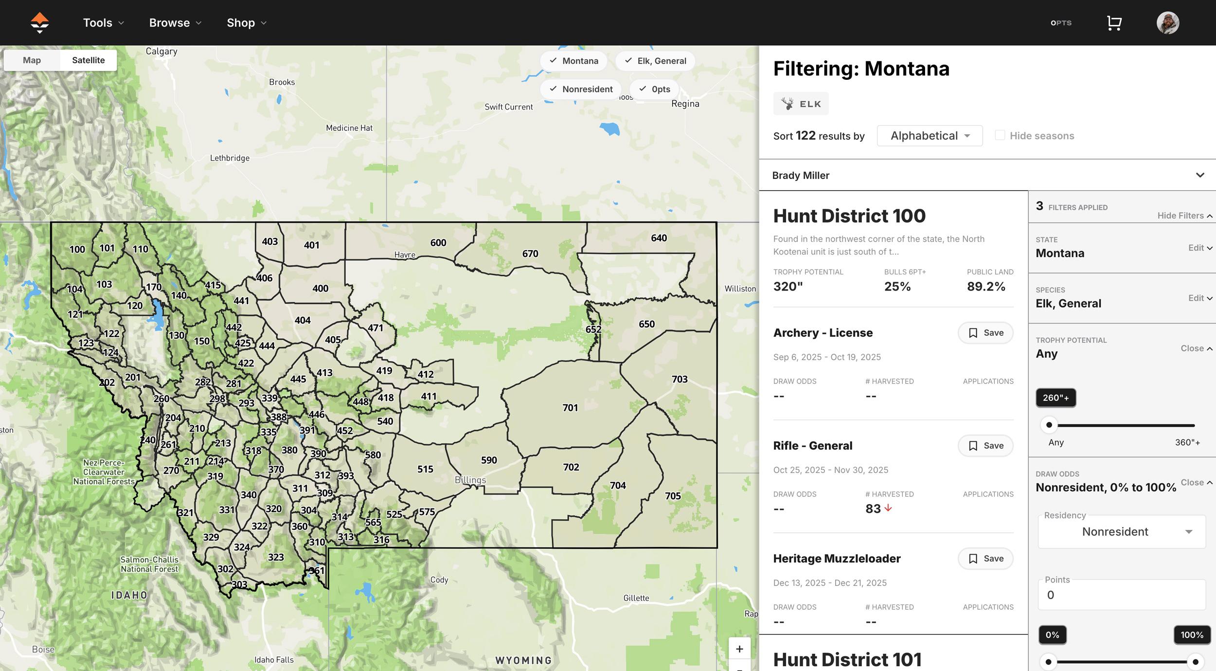 Montana general season elk hunt districts on GOHUNT Filtering research tool
