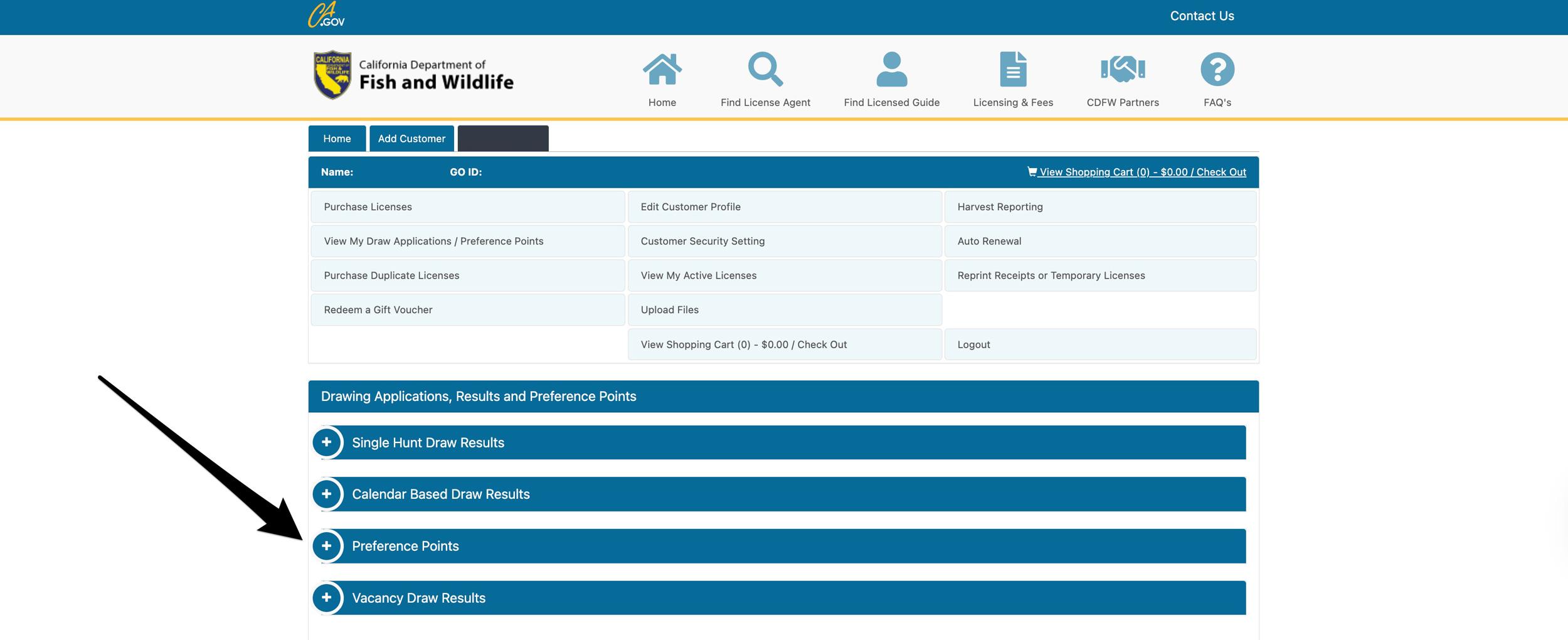 Viewing California hunting preference points totals