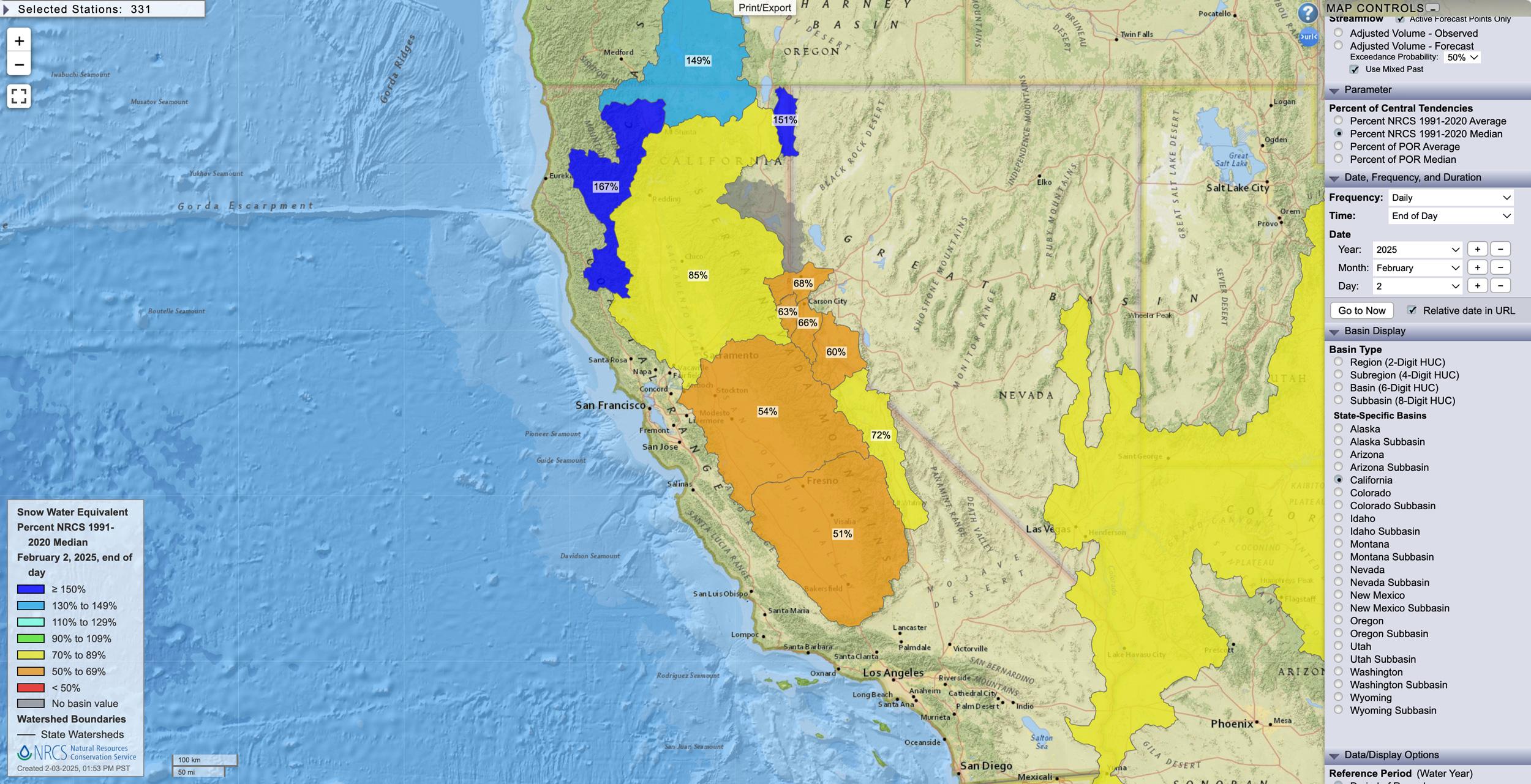 California February 2, 2025 snow water equivalent percent map