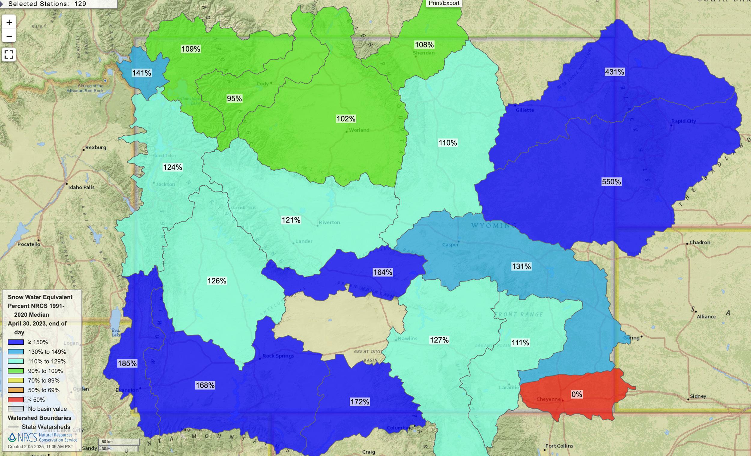 Wyoming April 30, 2023 snow water equivalent percent map