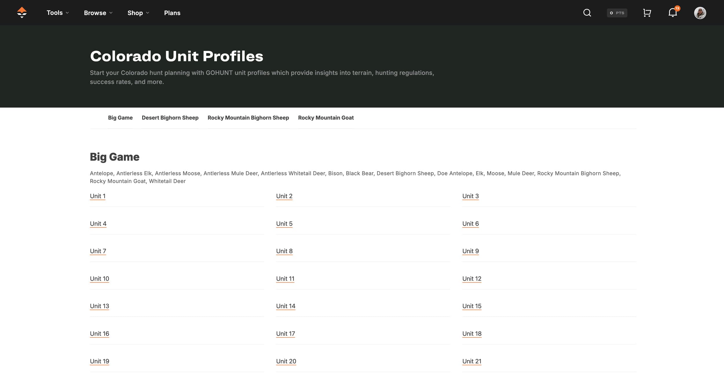 Colorado Unit Profiles section on GOHUNT