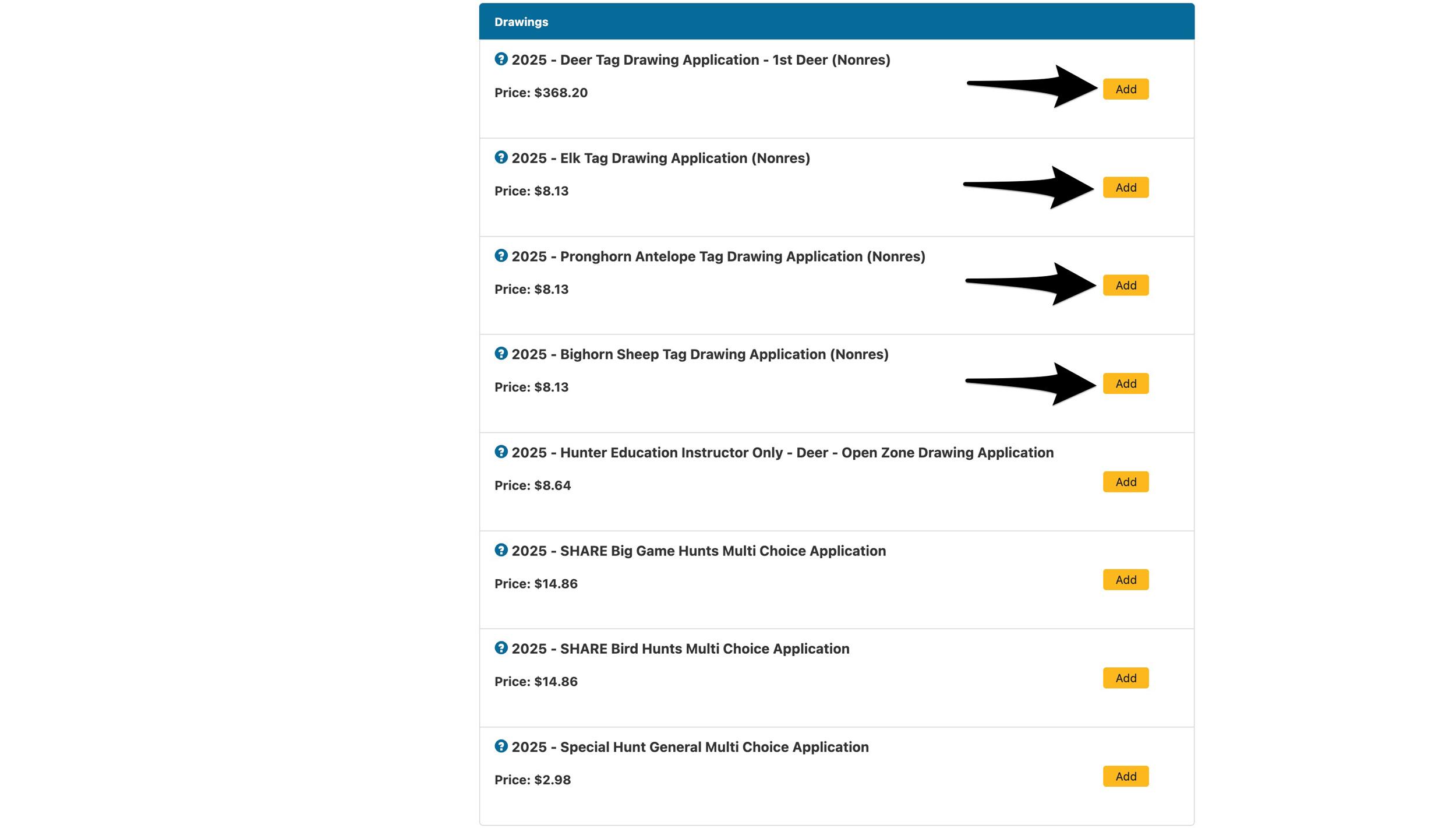 Adding species draw applications in California to purchase preference points