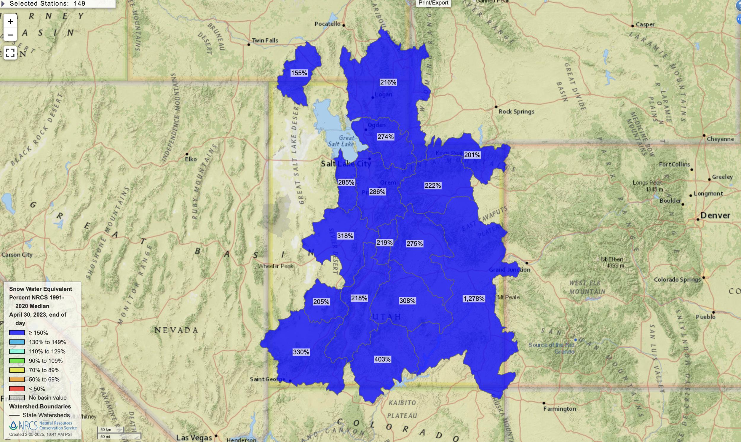 Utah April 30, 2023 snow water equivalent percent map