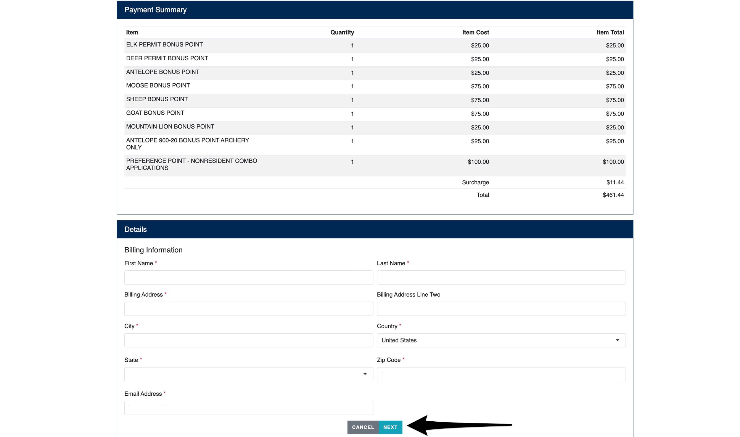 Entering billing information to purchase Montana bonus points and preference points